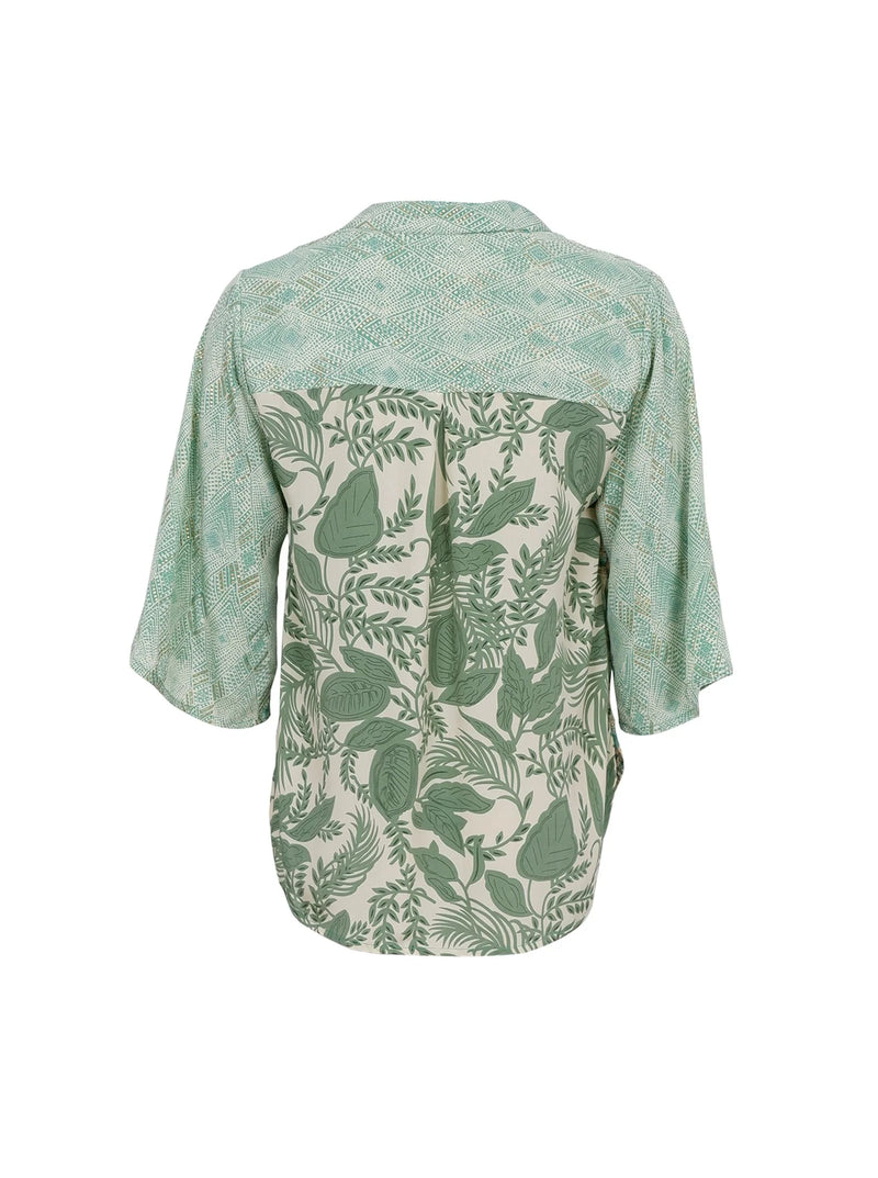 Luna Flare Sleeve Blouse in Green Floral Mix