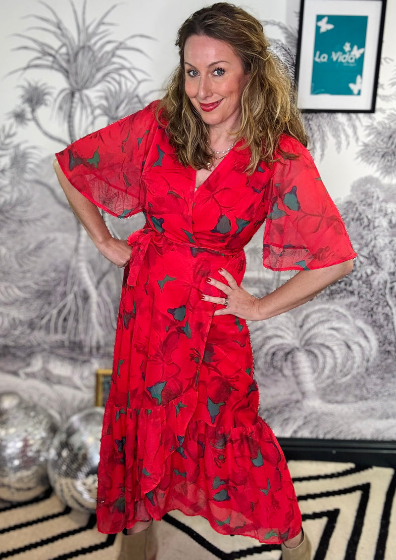 Delia Flutter Sleeve Maxi Wrap Dress