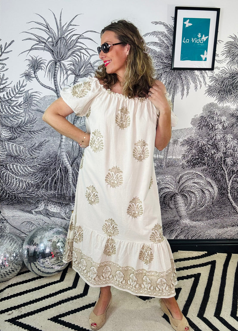 Suki Bardot Midi Dress with Gold Embroidery