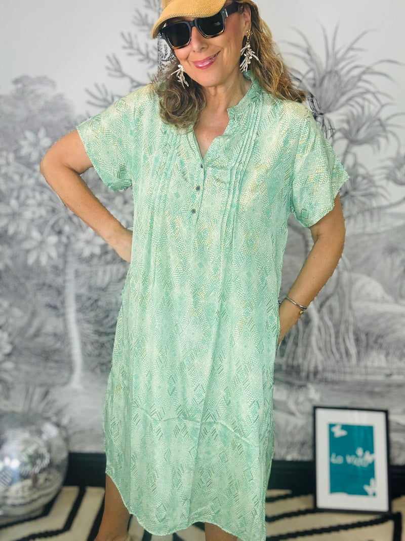 Luna Pleat Tunic Dress in Green Argyle