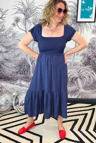 Hannah Shirred Bodice Square Neck Dress
