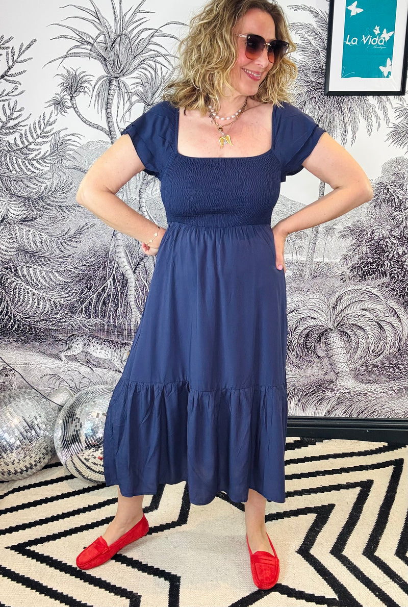Hannah Shirred Bodice Square Neck Dress