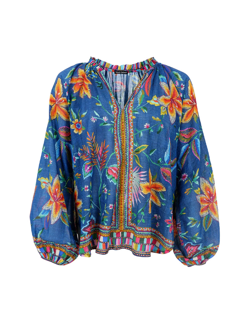 Art Floral Blouse in Denim Blue