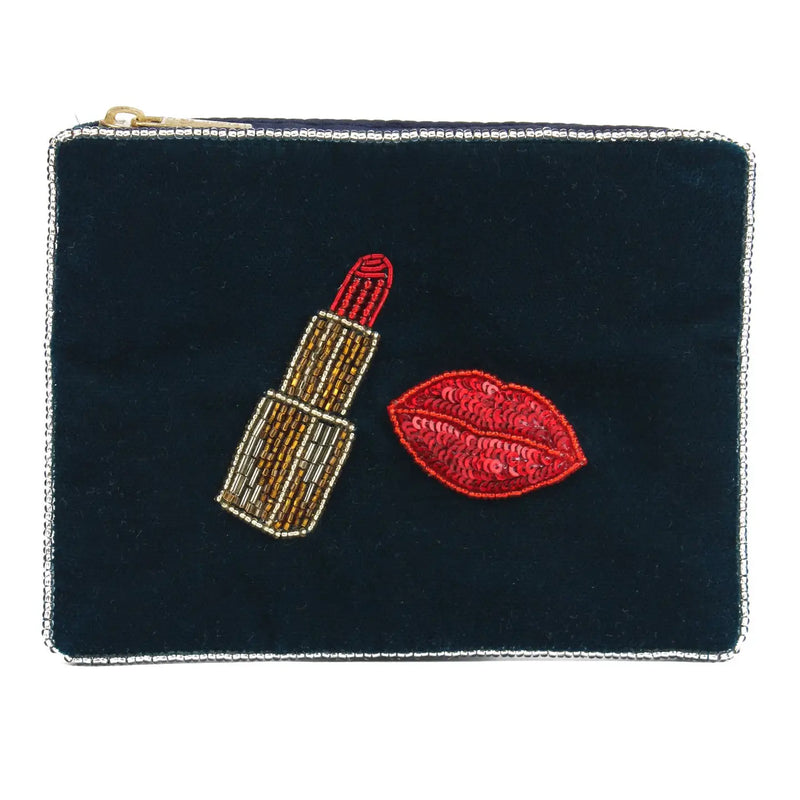 Beaded Lipstick Lips Small Velvet Pouch