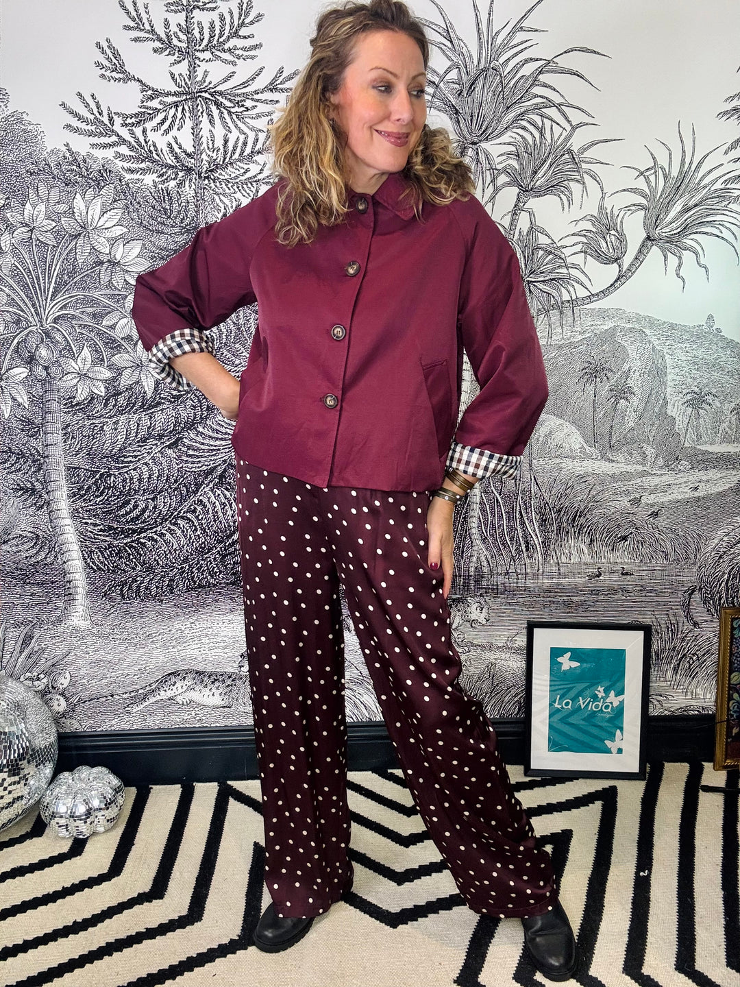 Valery Polka Dot Satin Trousers in Plum