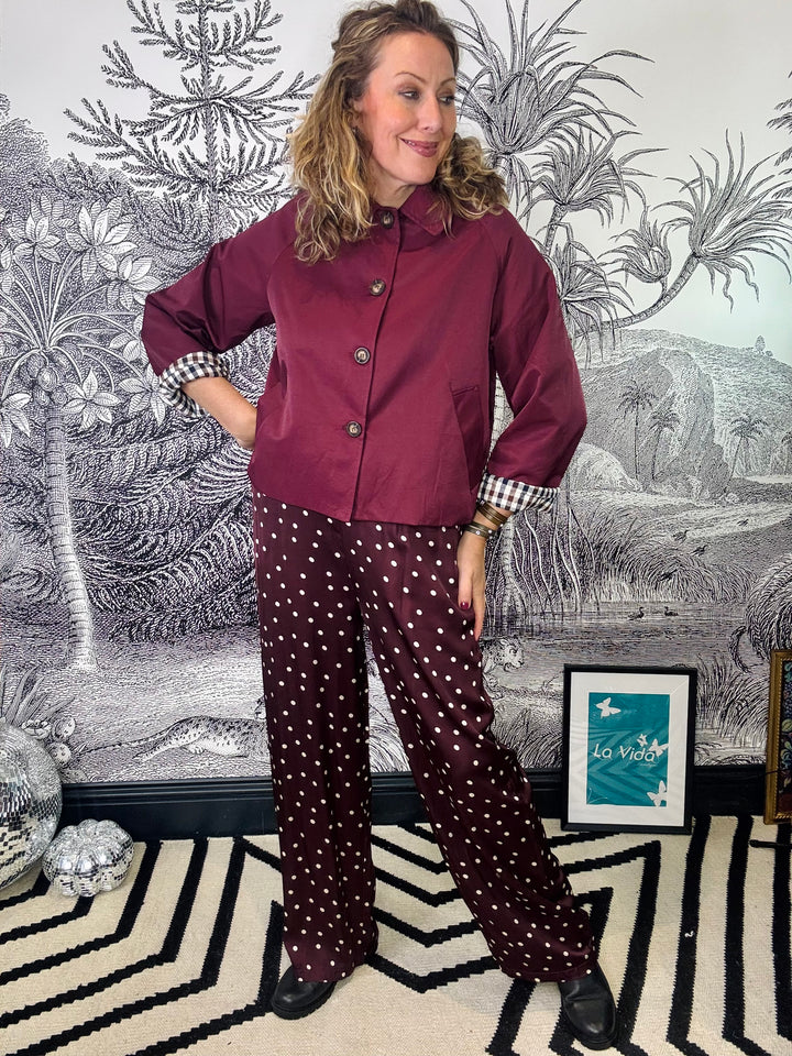 Valery Polka Dot Satin Trousers in Plum