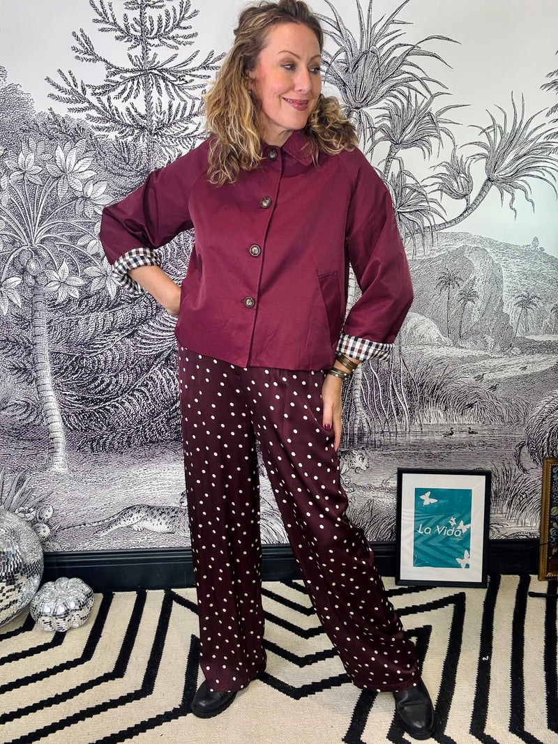 Valery Polka Dot Satin Trousers in Plum