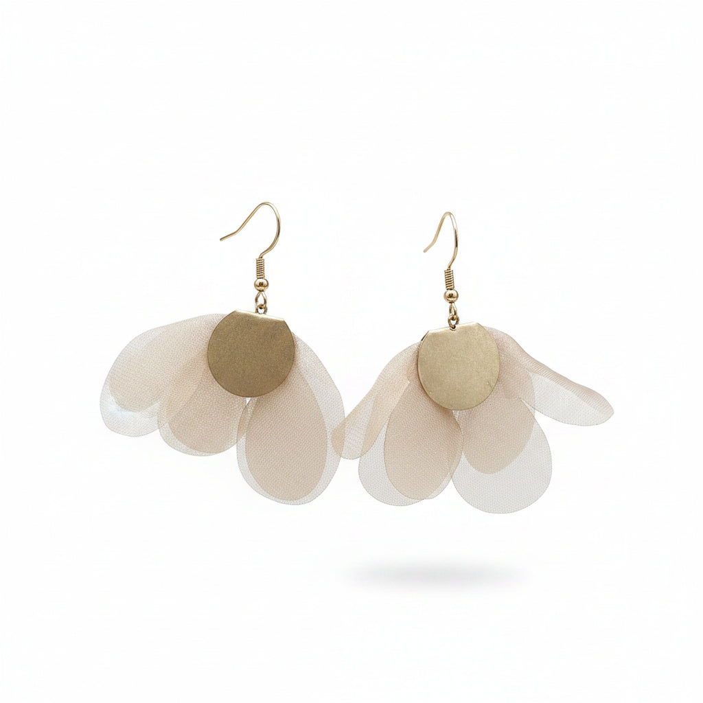 Light weight sheer fabric flower earrings with golden components