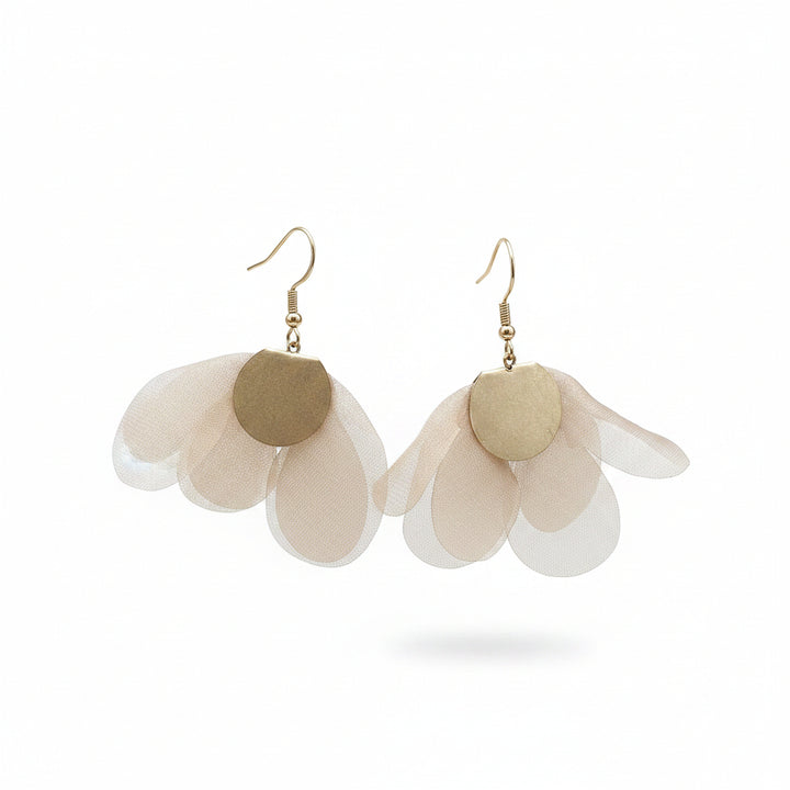 Light weight sheer fabric flower earrings with golden components