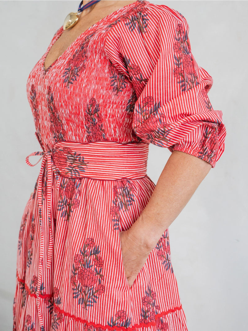Grace Shirred Dress in Red Stripe Garland