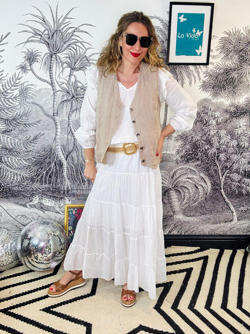 Melina Striped Linen Waistcoat in Desert Sand