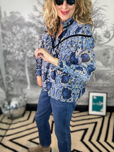 Mylene Long Sleeve Frill Shirt with Velvet Detail