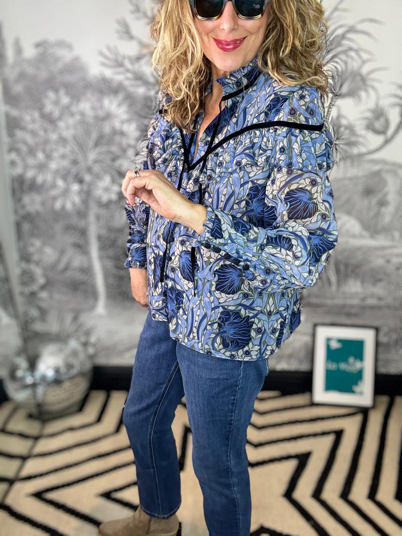 Mylene Long Sleeve Frill Shirt with Velvet Detail
