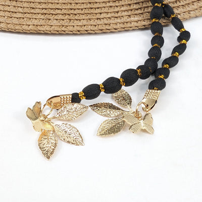 Foldable Cloche Sun Hat with Black Band & Gold Leaf Charms