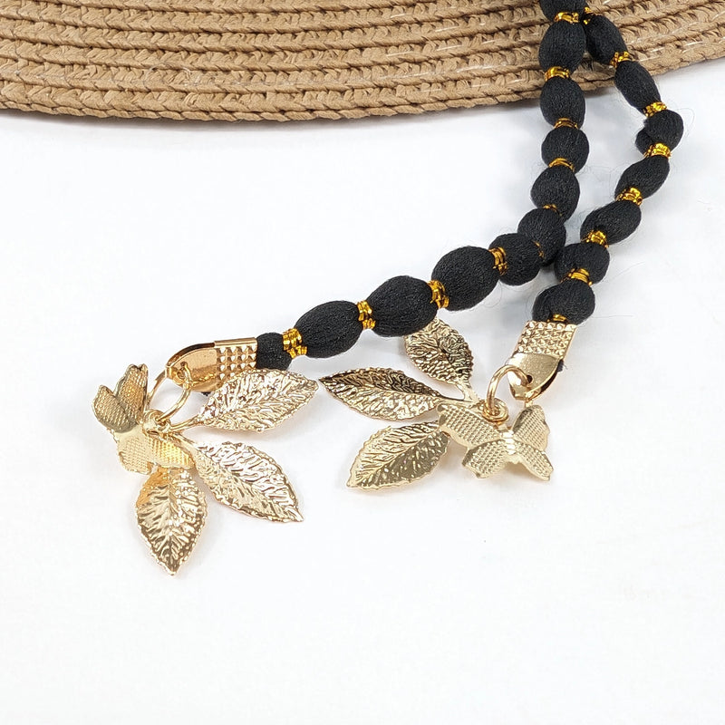 Foldable Cloche Sun Hat with Black Band & Gold Leaf Charms