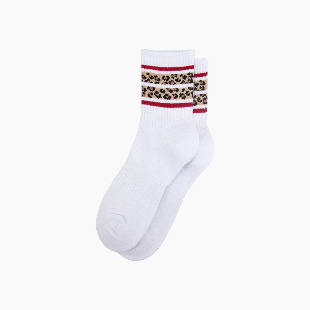 Leopard Print Striped Combed Cotton Sports Socks in White: UK 3-7 | EU 36-40 | US 5-9