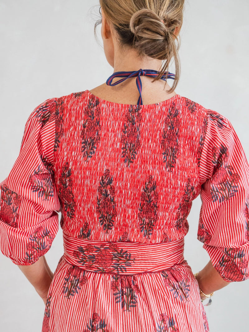 Grace Shirred Dress in Red Stripe Garland