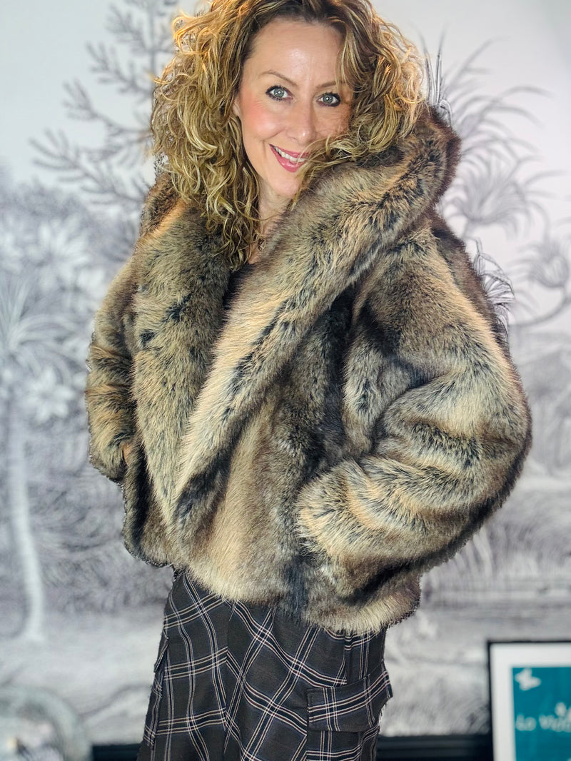 Enid hooded Oversized Two Tone Faux Fur Short Coat