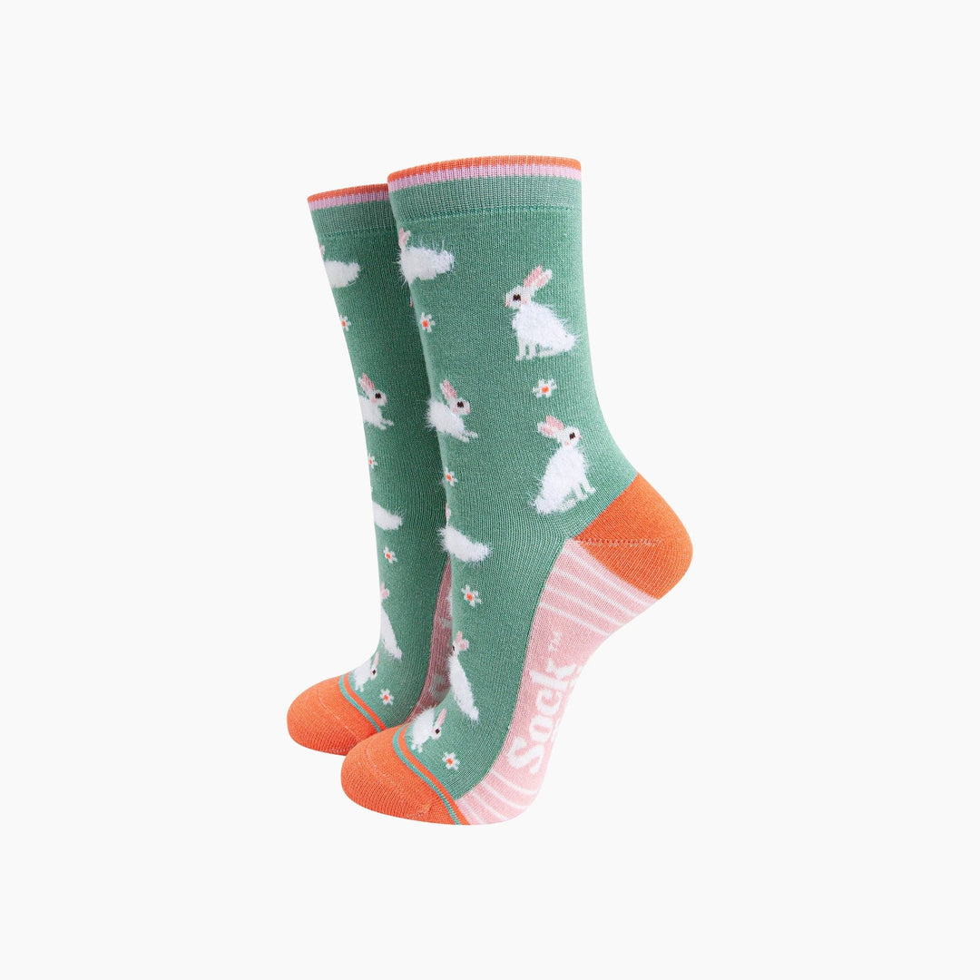 Bunny Rabbit Floral Fluffy Bamboo Socks in Green: UK 3-7 | EU 36-40 | US 5-9