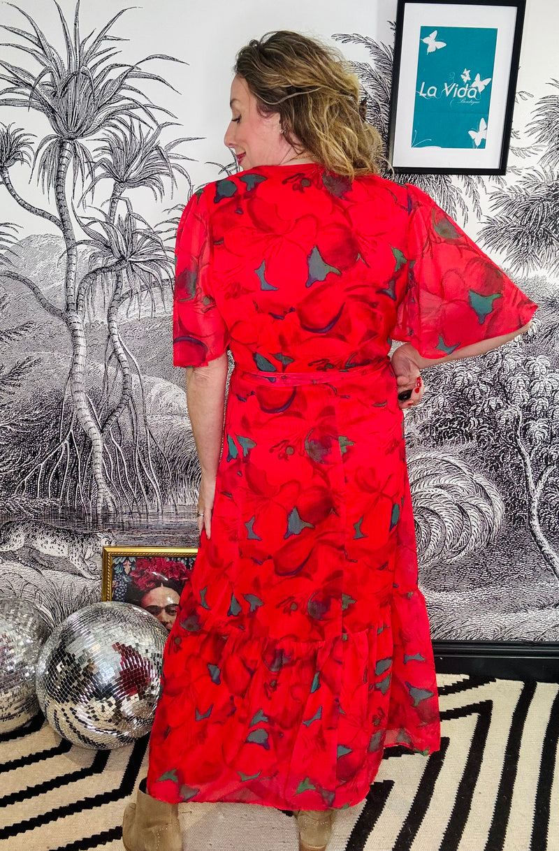 Delia Flutter Sleeve Maxi Wrap Dress