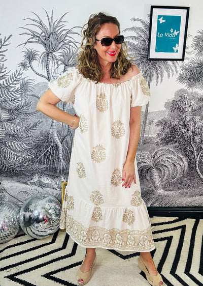 Suki Bardot Midi Dress with Gold Embroidery