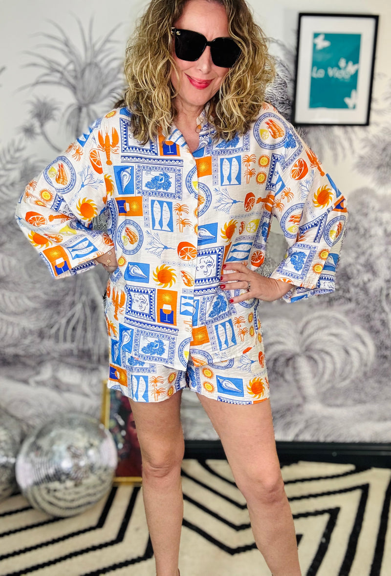Kezia Blue & Orange Mosaic Print Shorts