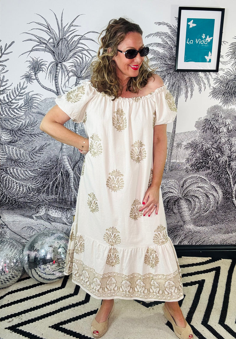 Suki Bardot Midi Dress with Gold Embroidery