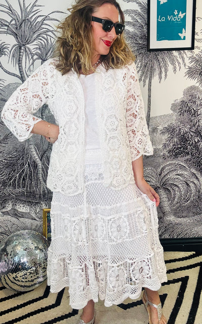 Mina Geo Crochet Collarless Shirt Cardigan