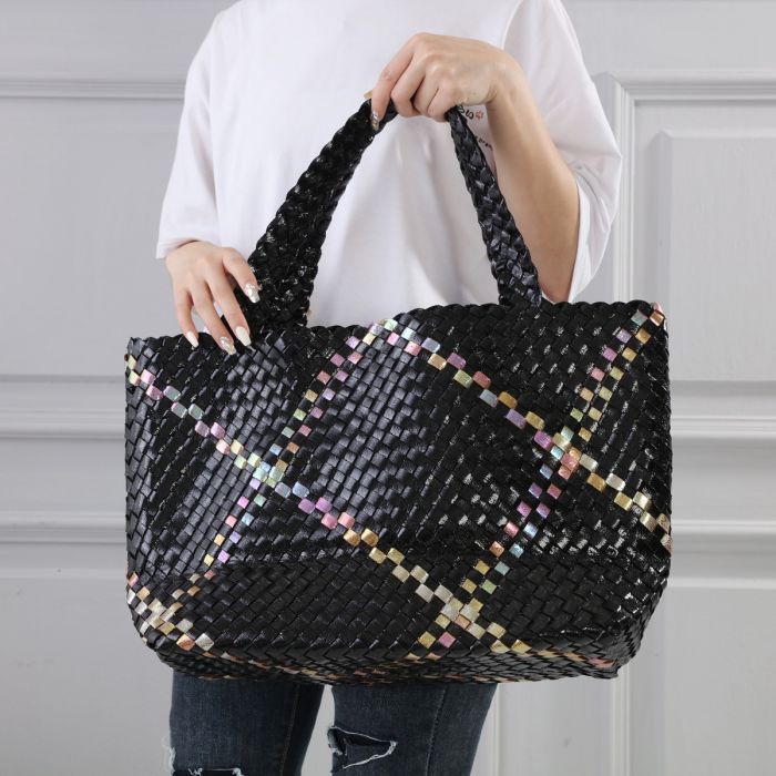 Oversized Metallic Weave Tote Bag in Black Iridescent Stripe