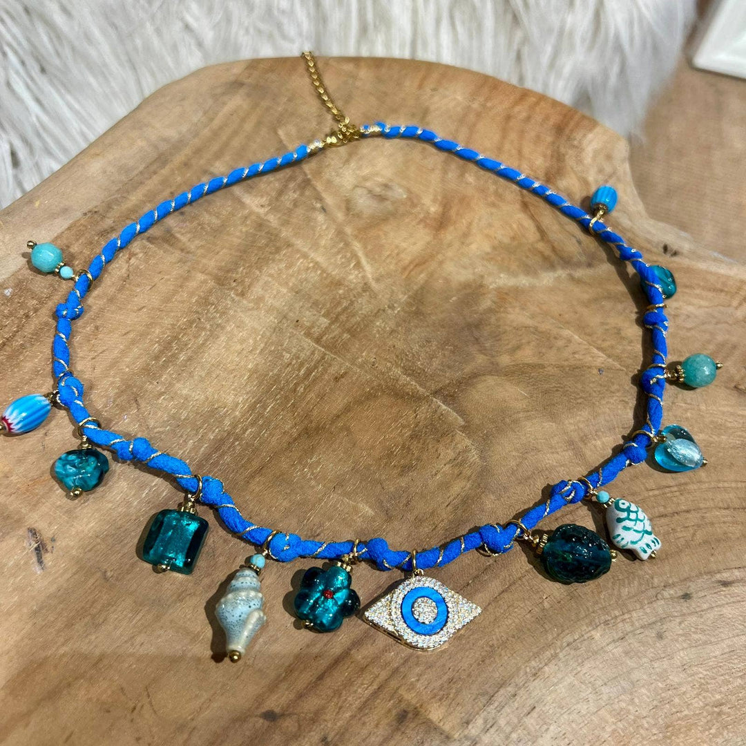 Silk Necklace in Teal Blue