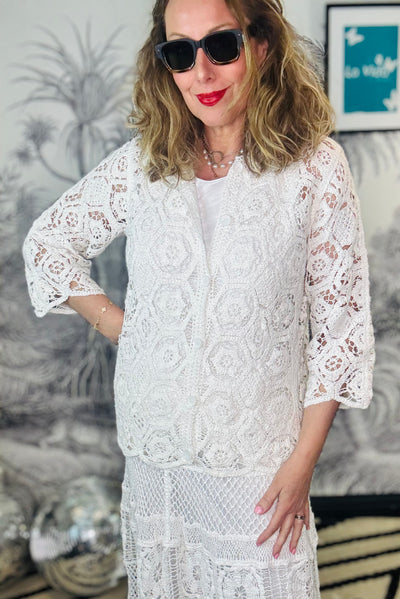 Mina Geo Crochet Collarless Shirt Cardigan