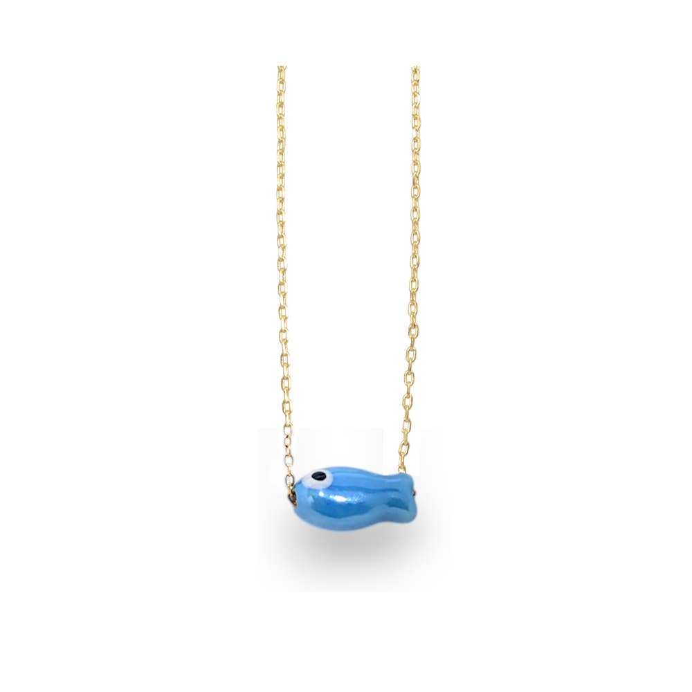 Ceramic Fish Pendant Necklace in Blue &amp; Gold