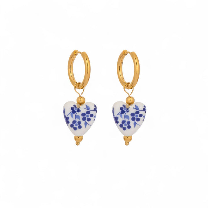 Porcelain Flower Print Heart Earring in White, Blue &amp; Gold