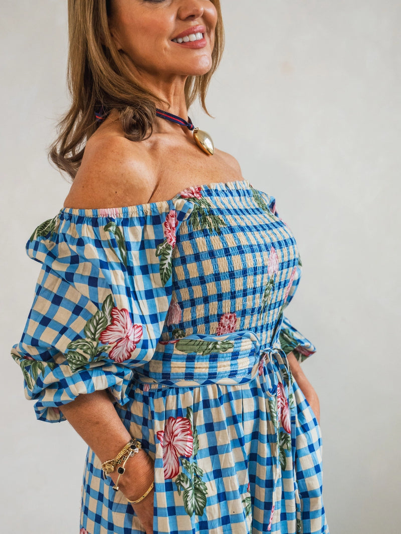 Honour Shirred Midi Dress in Gingham Flower Blue