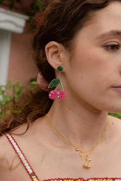 Pink Beaded Cherry Earrings