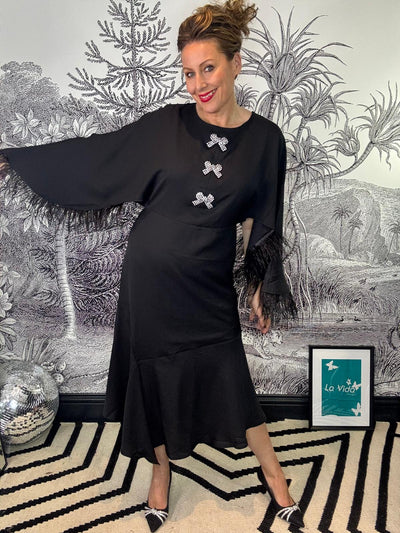 Helena Feather Trim Flutter Sleeve Midi Dress