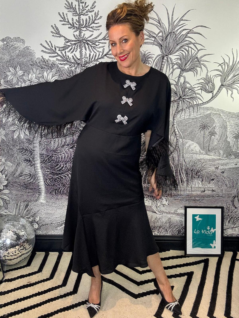 Helena Feather Trim Flutter Sleeve Midi Dress