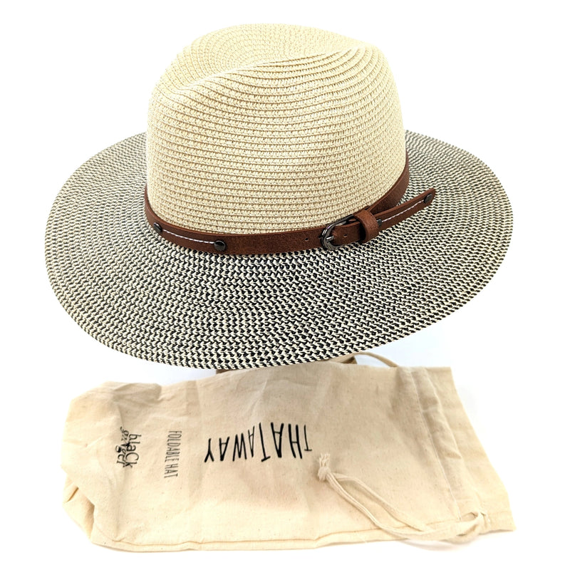 Foldable Panama Hat in Mottled Black/Natural with Brown Belt