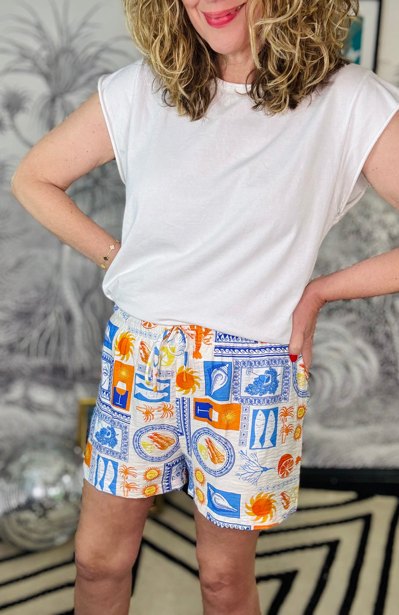 Kezia Blue & Orange Mosaic Print Shorts