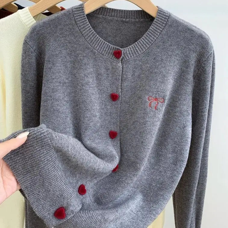 Beth Heart Button Cardigan with Embroidered Bow