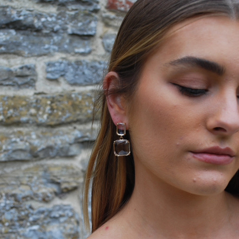 Twin Gem Earrings in Gold & Clear Crystal