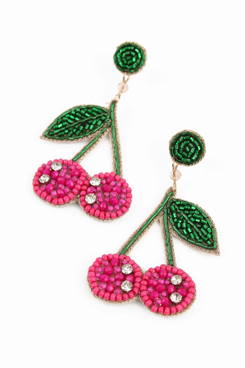 Pink Beaded Cherry Earrings