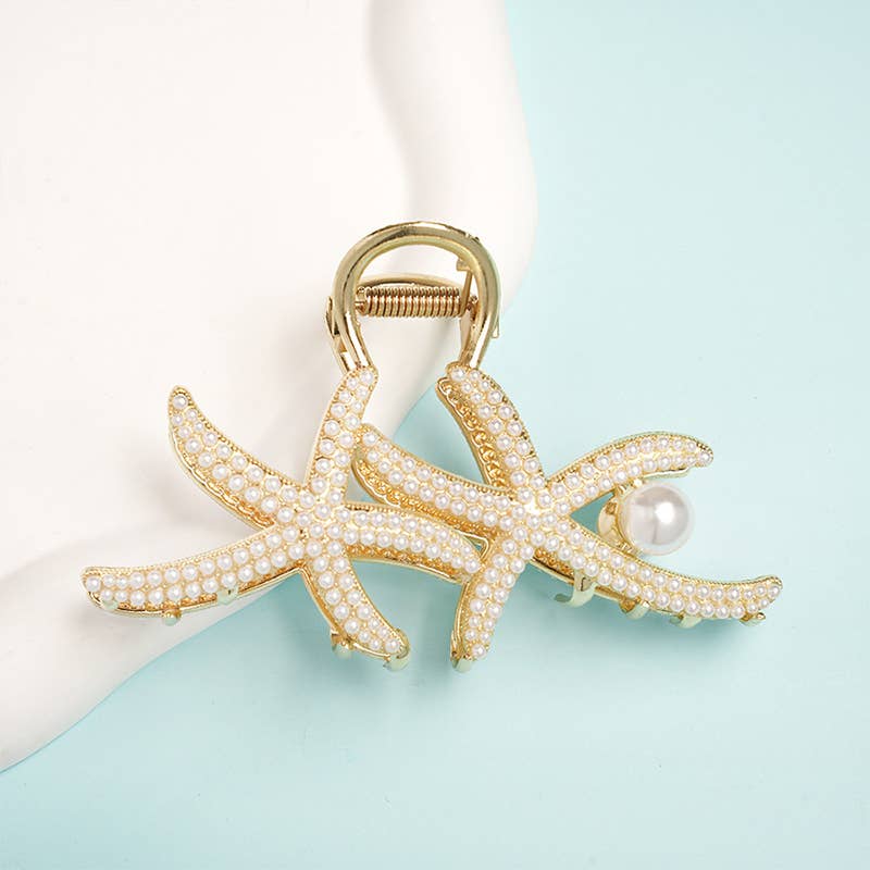 Pearl Detail Starfish Claw Clip in Gold