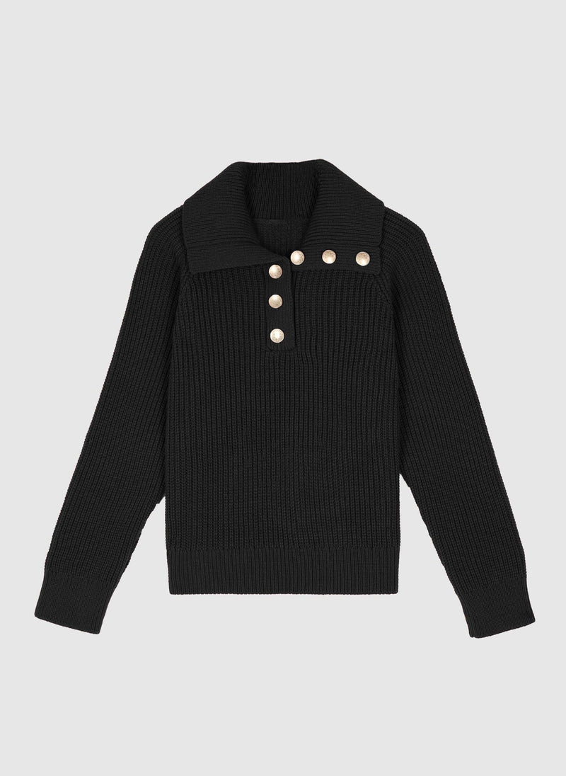 Venice Ribbed Jumper with Gold Buttons in Black