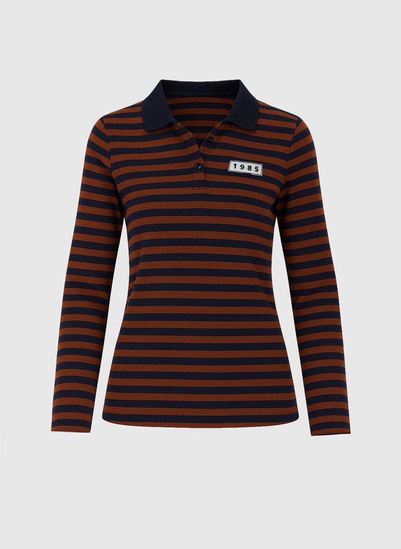 Aponie Striped Polo Top in Tan/Navy