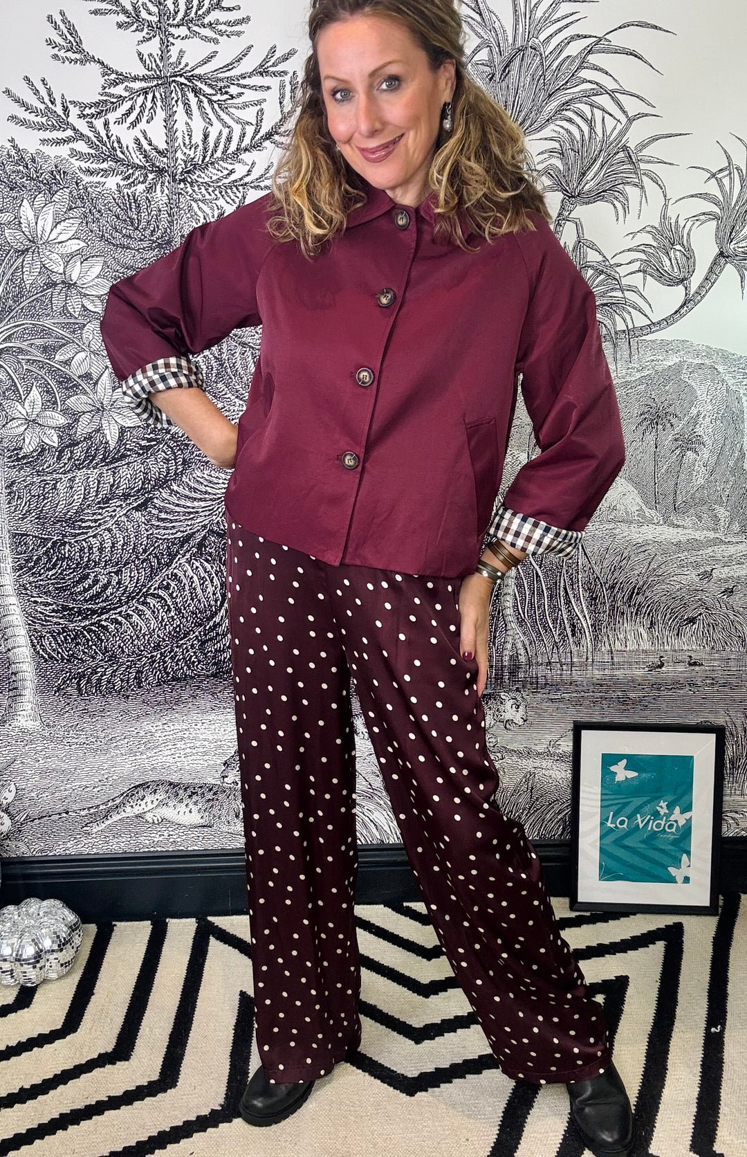 Valery Polka Dot Satin Trousers in Plum
