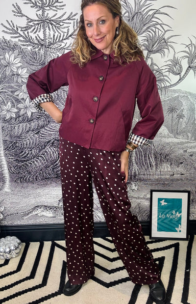 Valery Polka Dot Satin Trousers in Plum