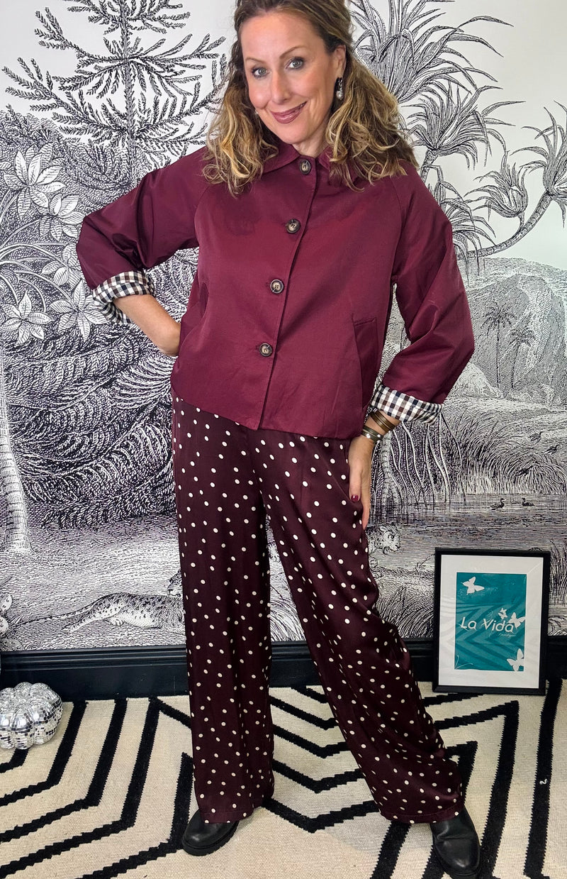 Valery Polka Dot Satin Trousers in Plum