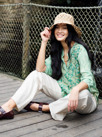 Luna Flare Sleeve Blouse in Green Floral Mix