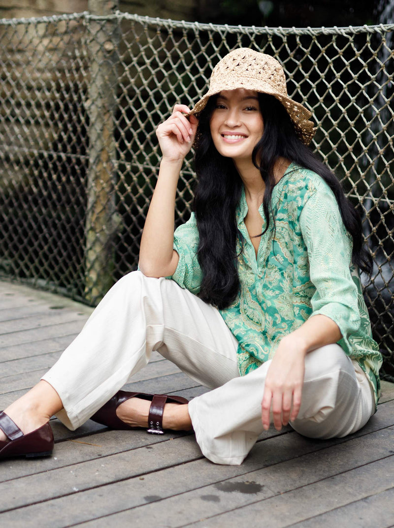 Luna Flare Sleeve Blouse in Green Floral Mix